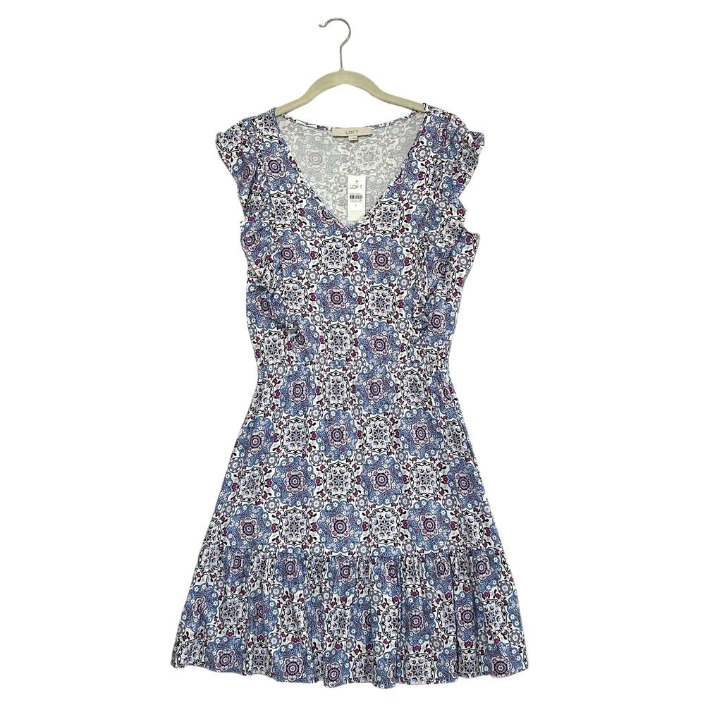 LOFT Medallion Ruffle Flare Dress NWT Women's Sz S Blue White Flowy Stretch